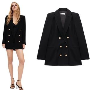 Zara Black Tailored Strong Shoulder Blazer with Gold Buttons